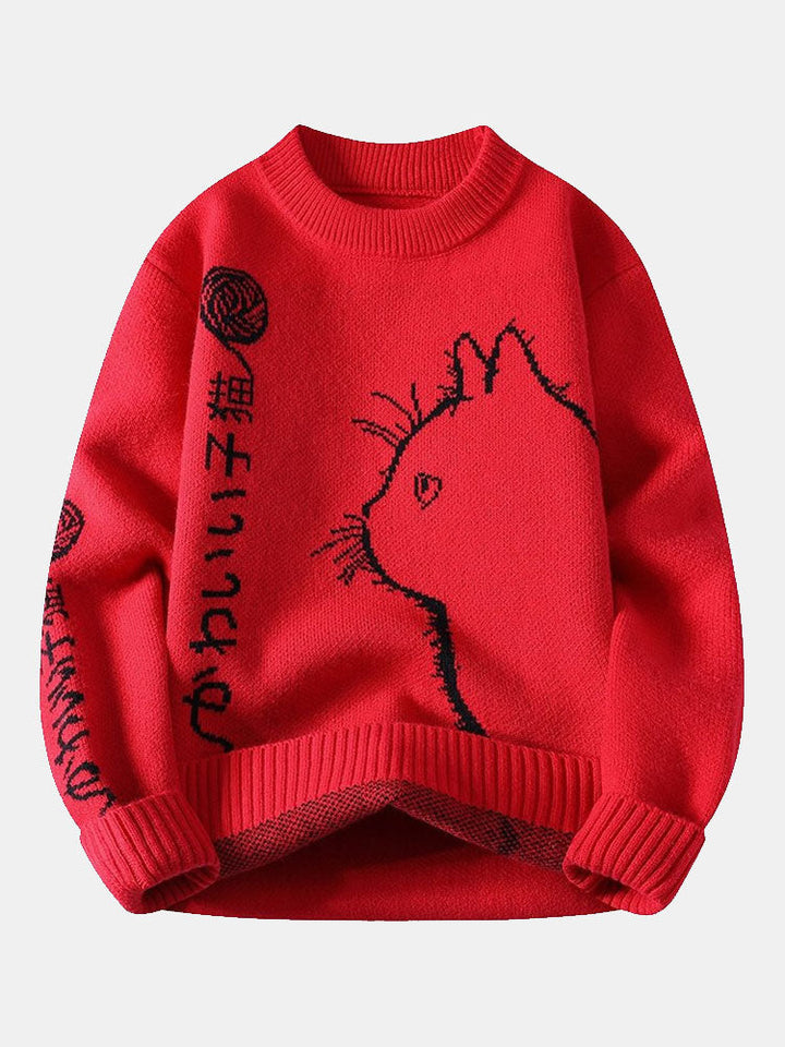 Japanese Cat Print Crew Neck Sweater