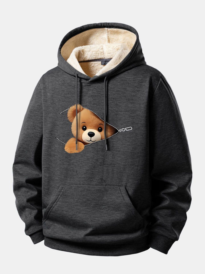 Zipper Bear Print Teddy Lined Hoodie