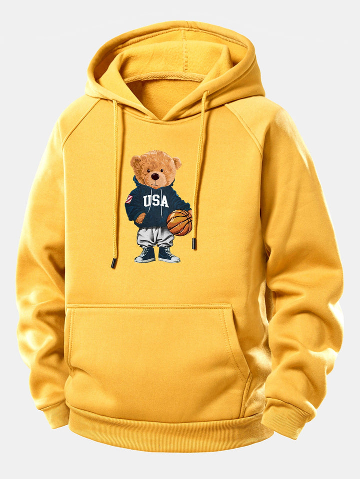 Basketball Bear Print Drawstring Hoodie