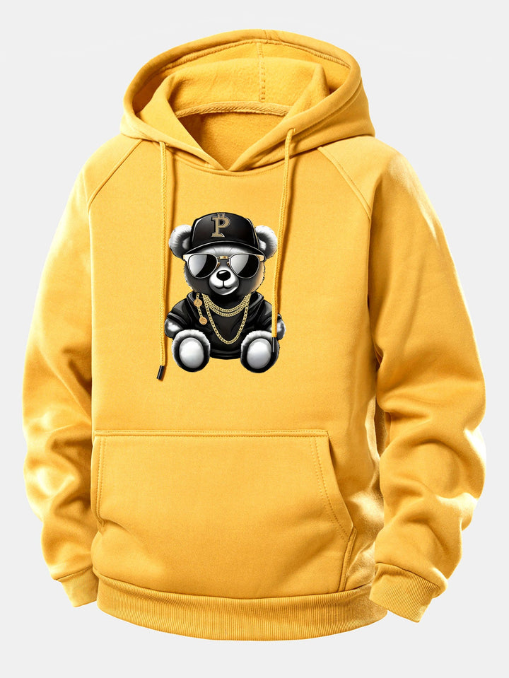 Hip Hop Bear Print Drawstring Hoodie