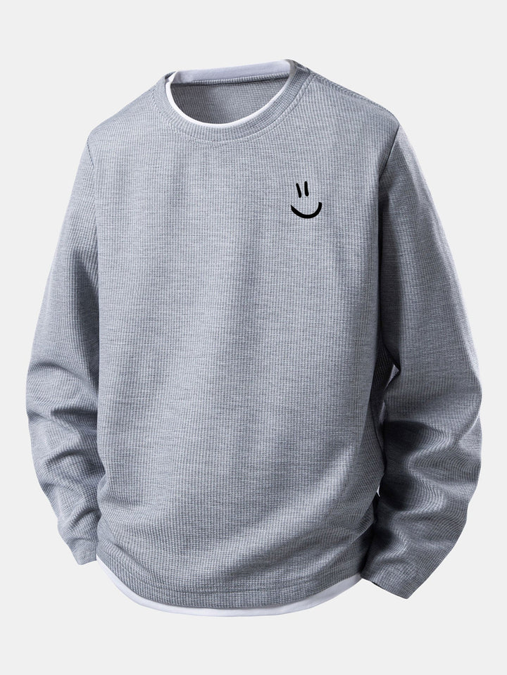 Smiley Face Print 2 In 1 Long Sleeved Waffle T-Shirt