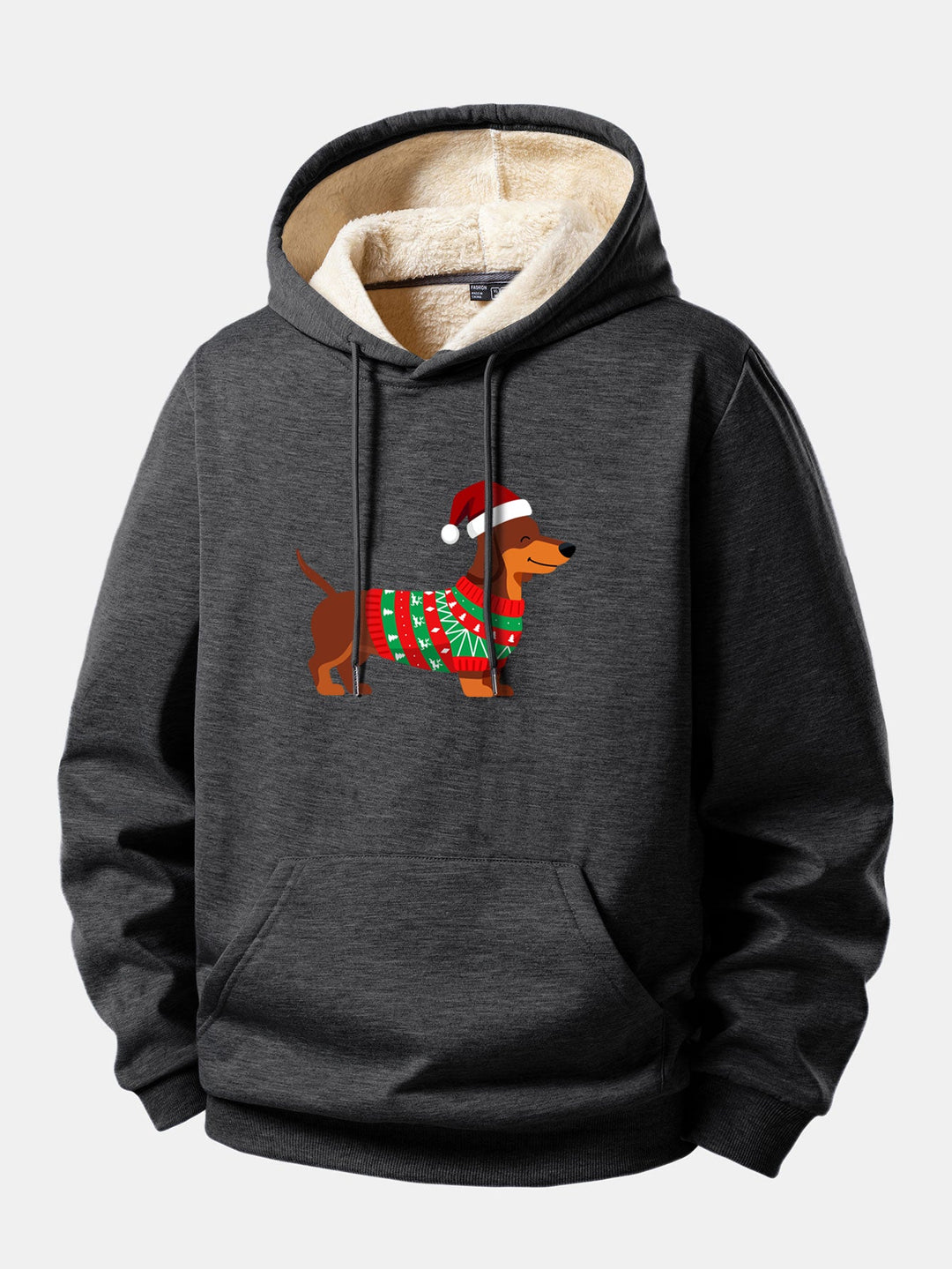 Christmas Dachshund Print Teddy Fleece Lined Drawstring Hoodie