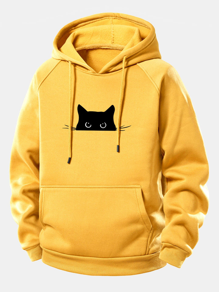 Black Cat Print Drawstring Hoodie