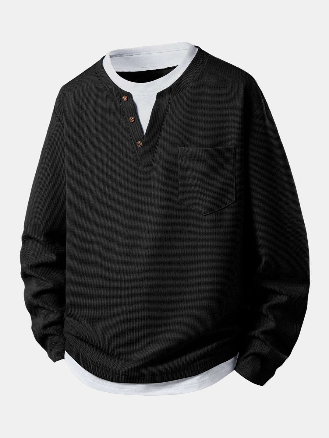 2 In 1 Button V-Neck Waffle T-Shirt With Pocket