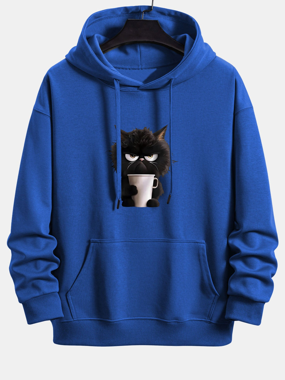 Black Cat Drinking Coffee Print Relax Fit Hoodie