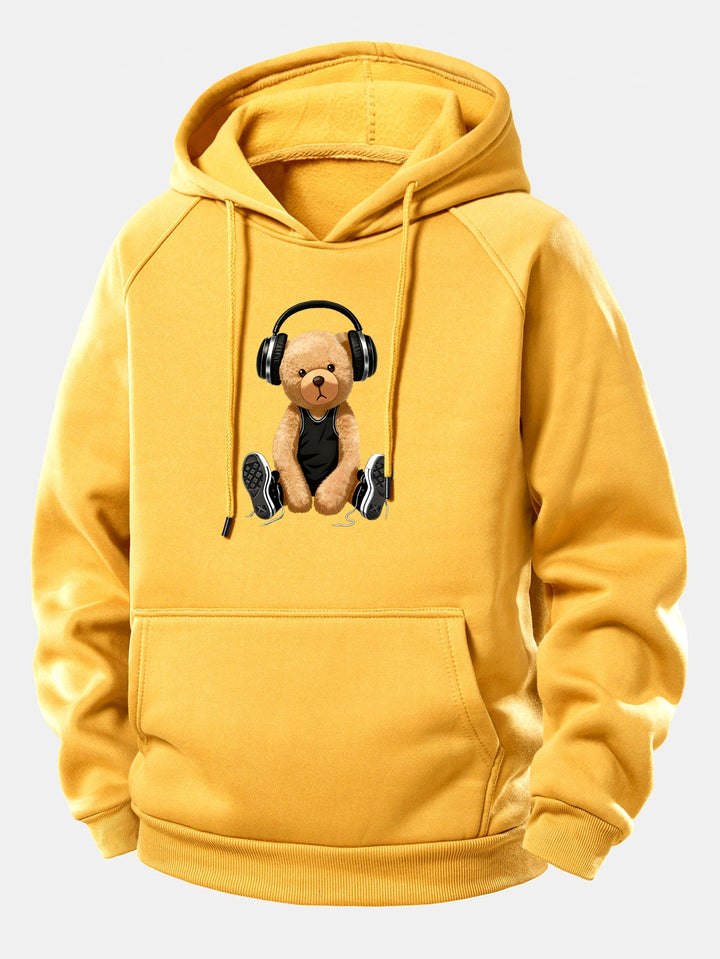 Headphone Bear Print Drawstring Hoodie