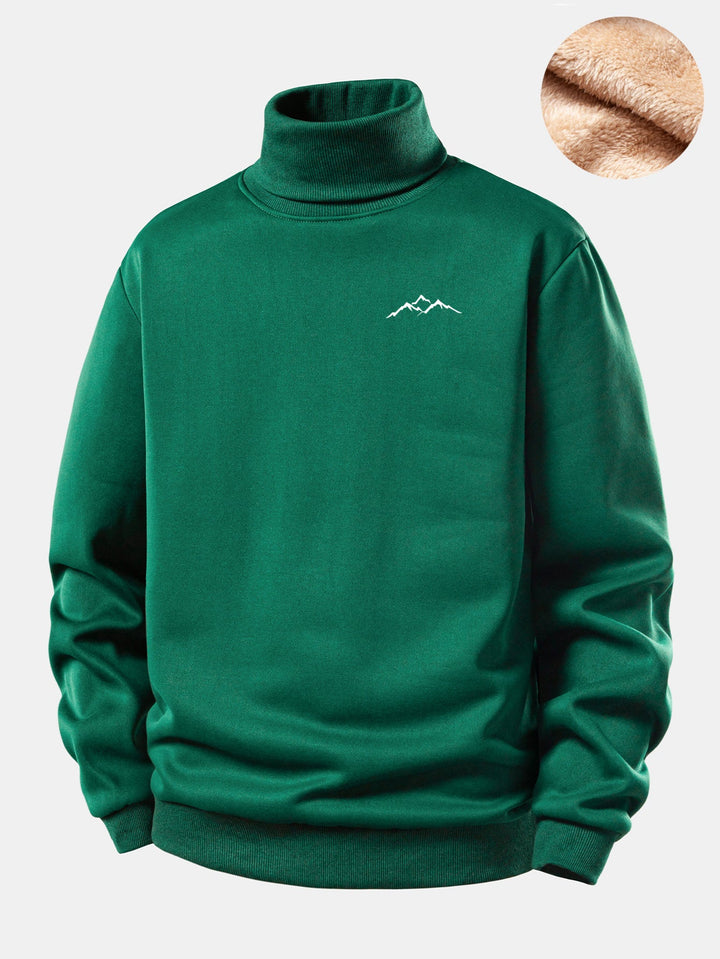 Mountain Print Teddy Fleece Lined Turtle Neck Sweatshirt