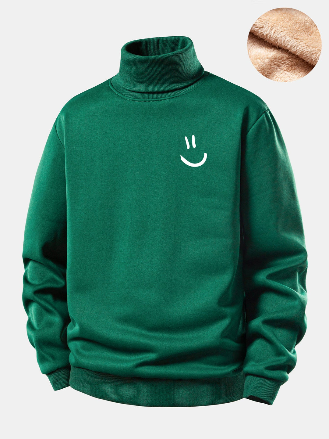 Smiley Face Print Teddy Fleece Lined Turtle Neck Sweatshirt