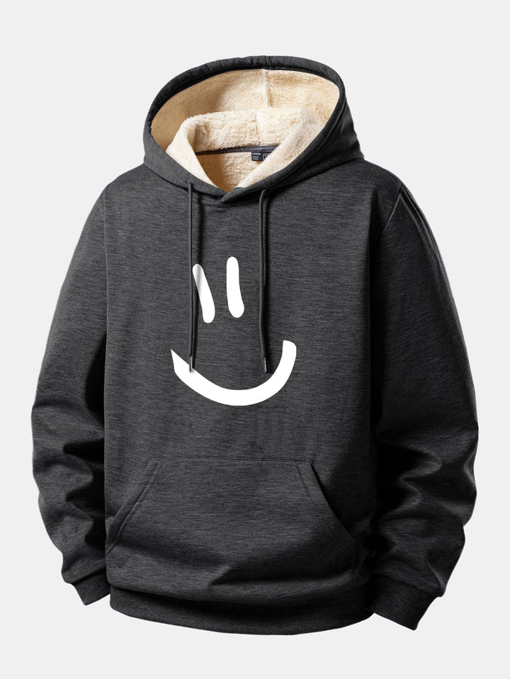 Smiley Face Print Teddy Fleece Lined Drawstring Hoodie