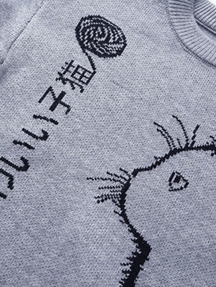 Japanese Cat Print Crew Neck Sweater