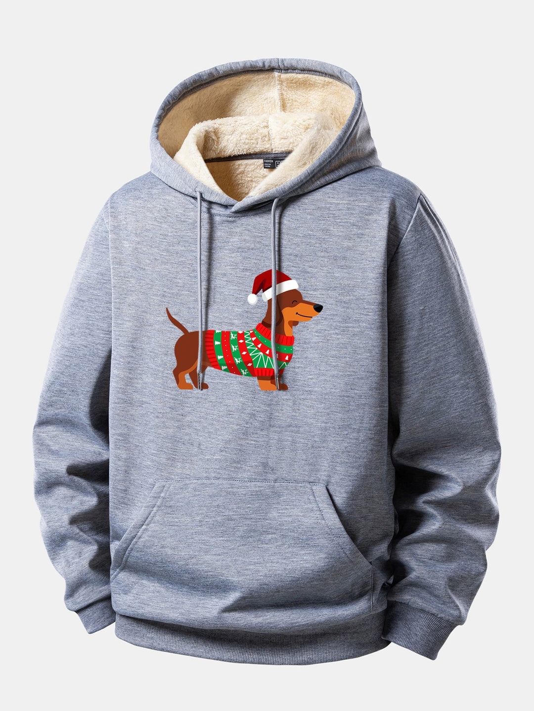 Christmas Dachshund Print Teddy Fleece Lined Drawstring Hoodie