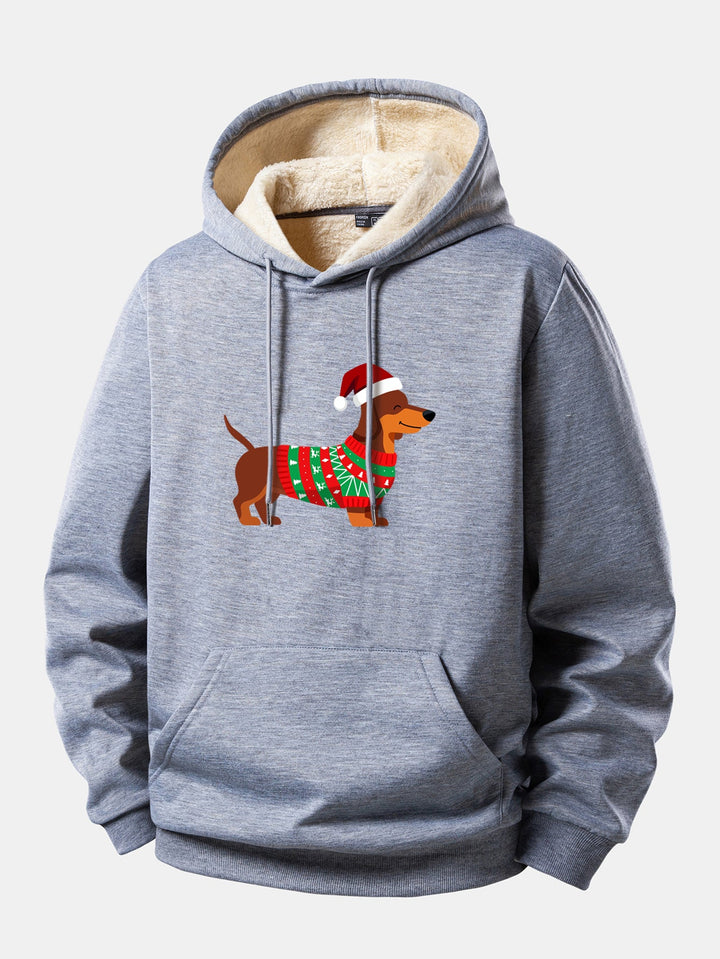 Christmas Dachshund Print Teddy Fleece Lined Drawstring Hoodie