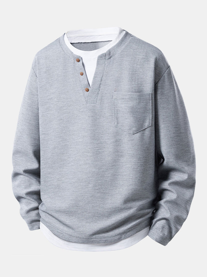 2 In 1 Button V-Neck Waffle T-Shirt With Pocket