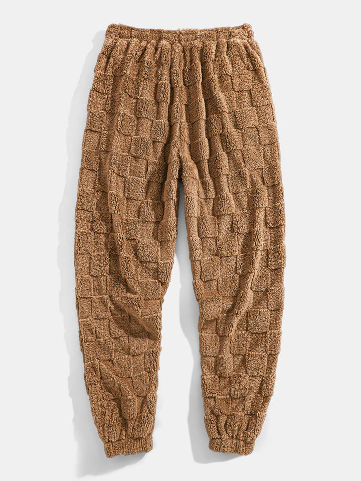 Relax Fit Checkerboard Kangaroo Pocket Teddy Hoodie & Jogger Pants