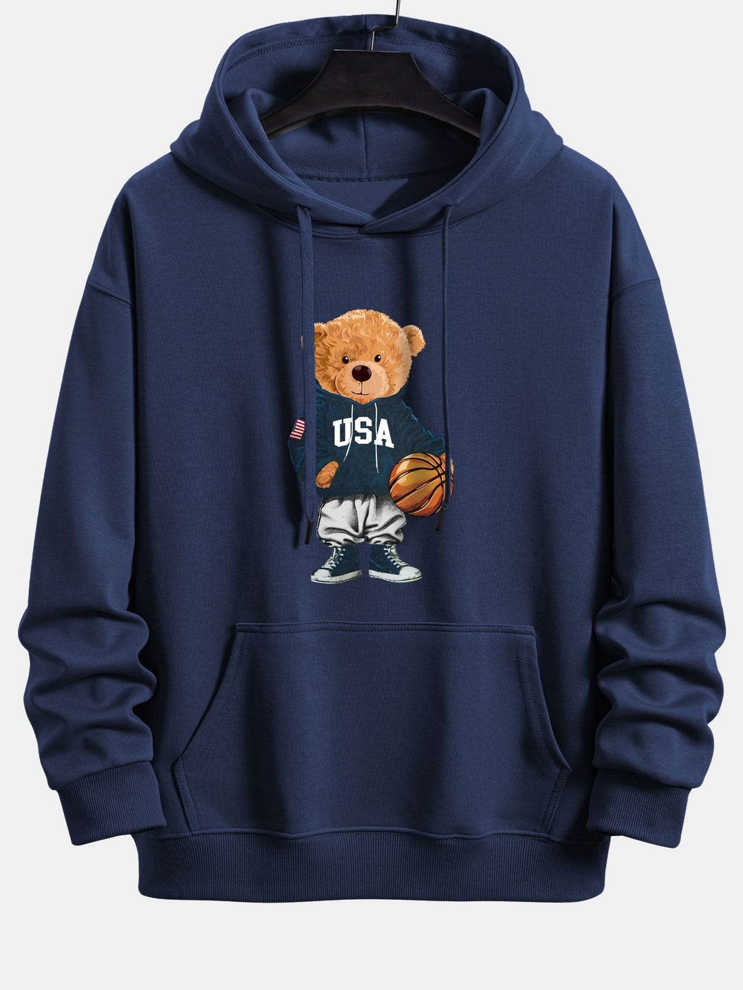 Basketball Bear Print Relax Fit Drawstring Hoodie