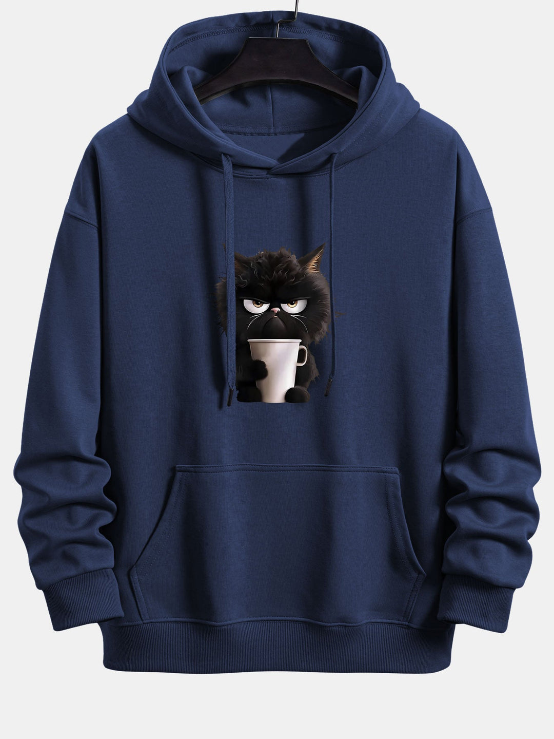 Black Cat Drinking Coffee Print Relax Fit Hoodie