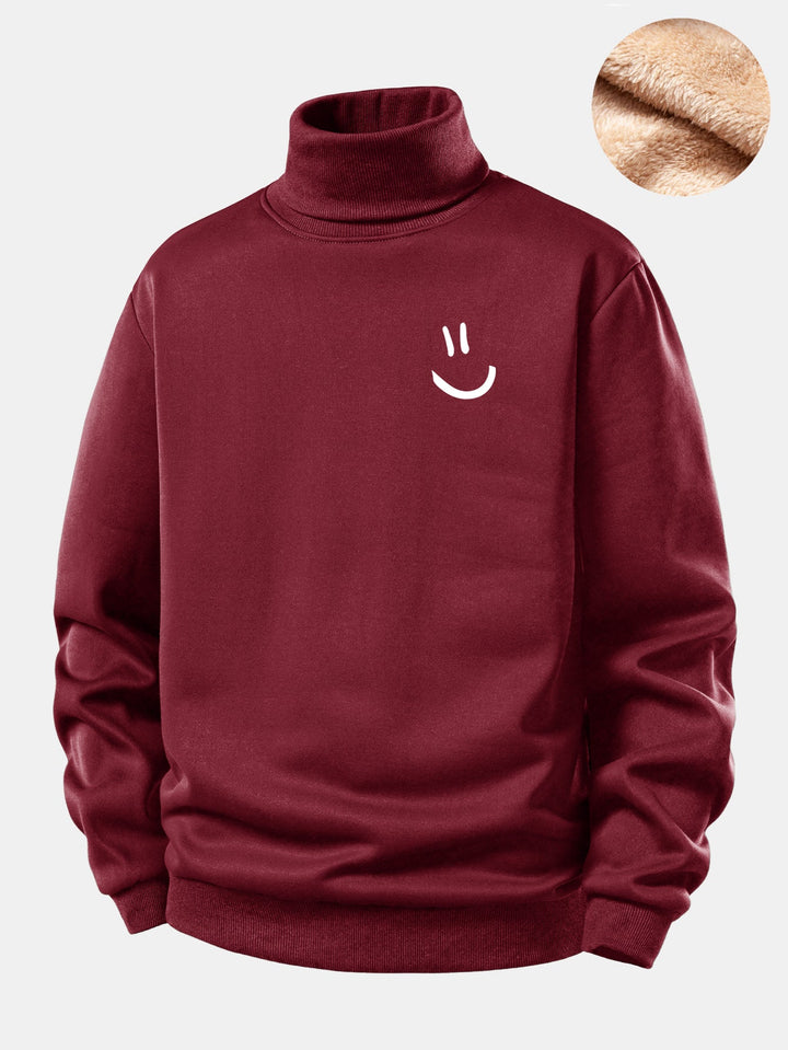 Smiley Face Print Teddy Fleece Lined Turtle Neck Sweatshirt