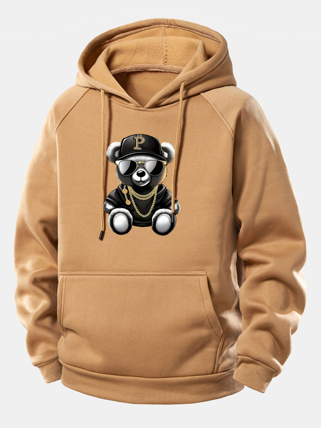 Hip Hop Bear Print Drawstring Hoodie