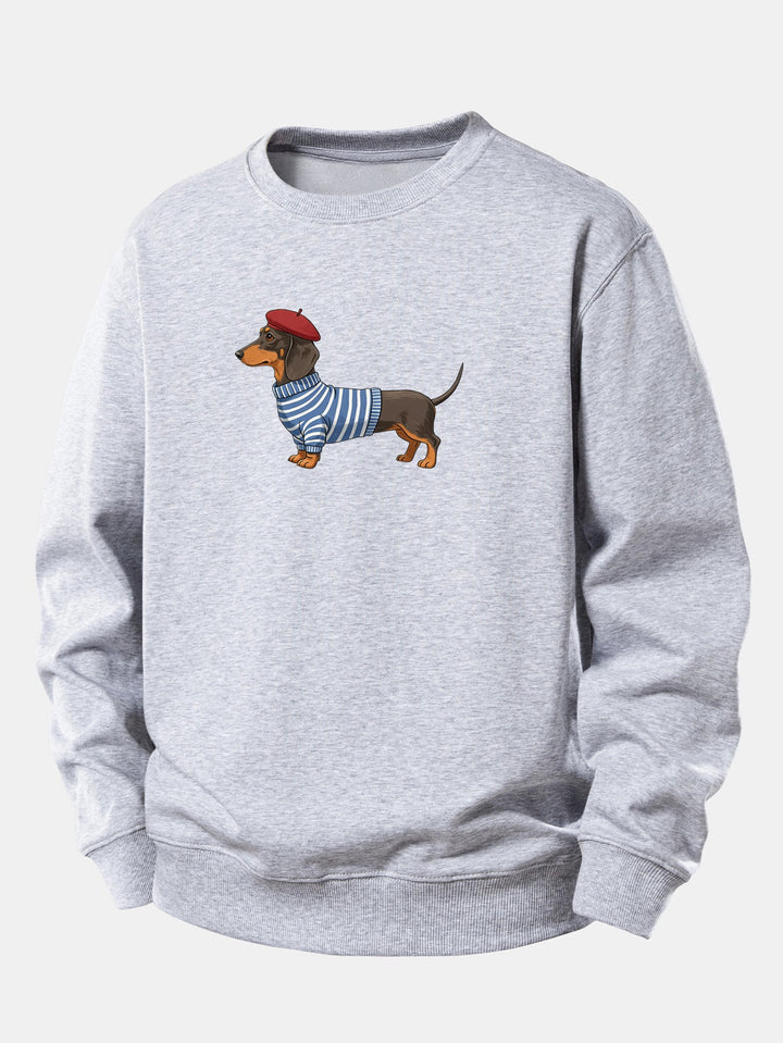 Dachshund Wearing Striped Sweater Print Relax Fit Sweatshirt