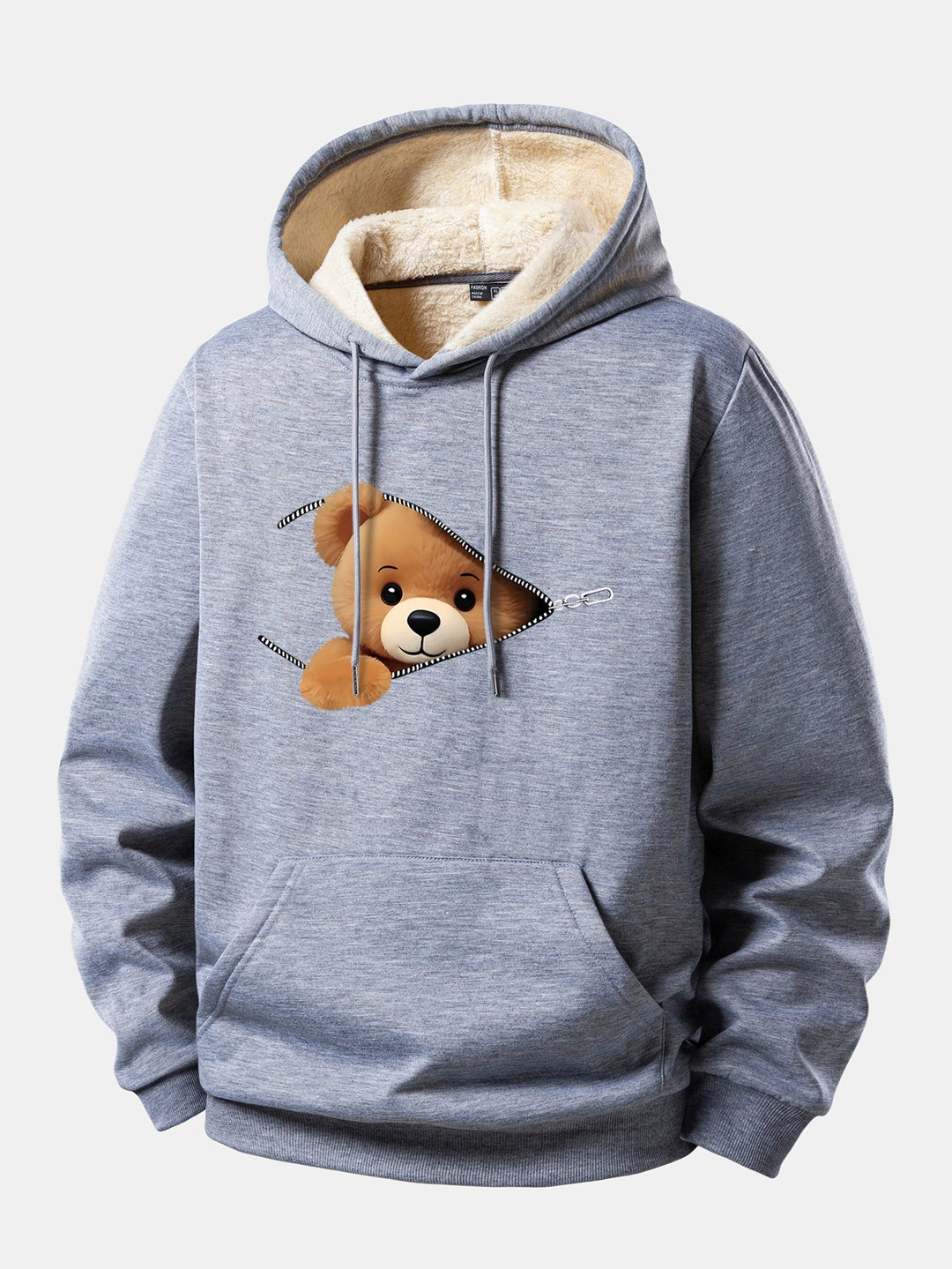 Zipper Bear Print Teddy Lined Hoodie