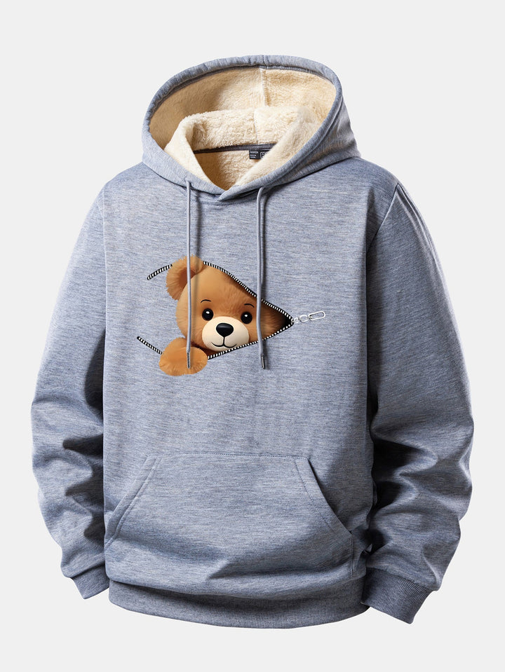 Zipper Bear Print Teddy Lined Hoodie