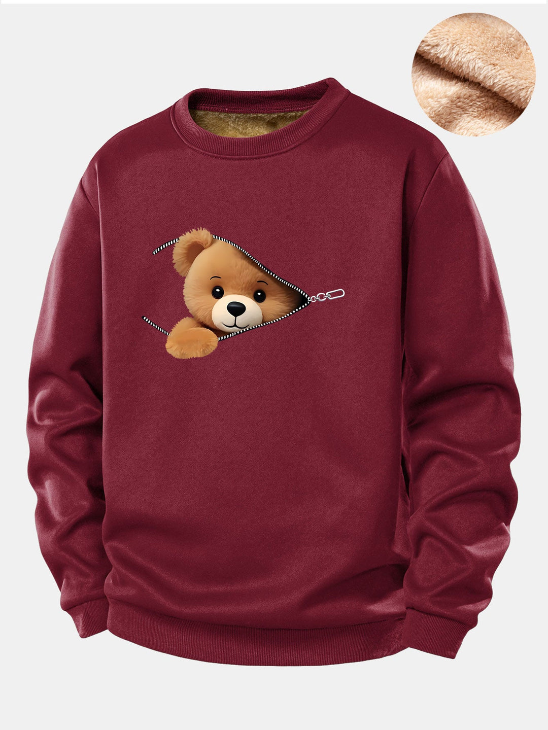 Zipper Bear Print Teddy Fleece Lined Sweatshirt