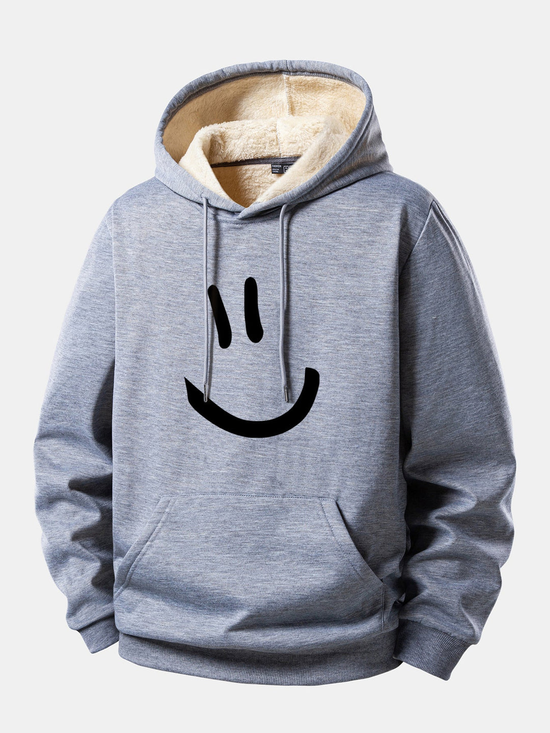 Smiley Face Print Teddy Fleece Lined Drawstring Hoodie