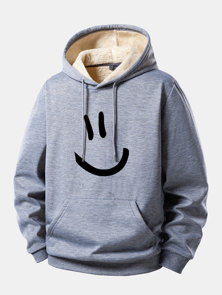 Smiley Face Print Teddy Fleece Lined Drawstring Hoodie