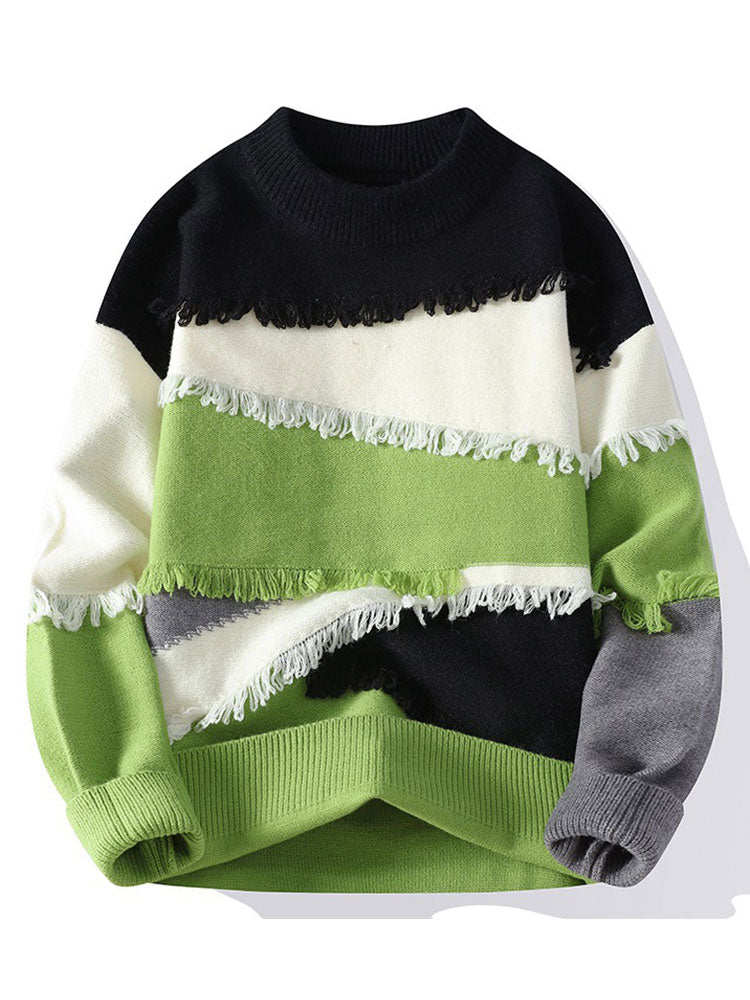 Color Block Fringe Patchwork Crew Neck Sweater