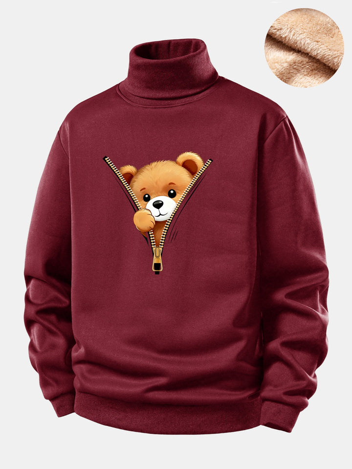 Zipper Bear Print Teddy Fleece Lined Turtle Neck Sweatshirt