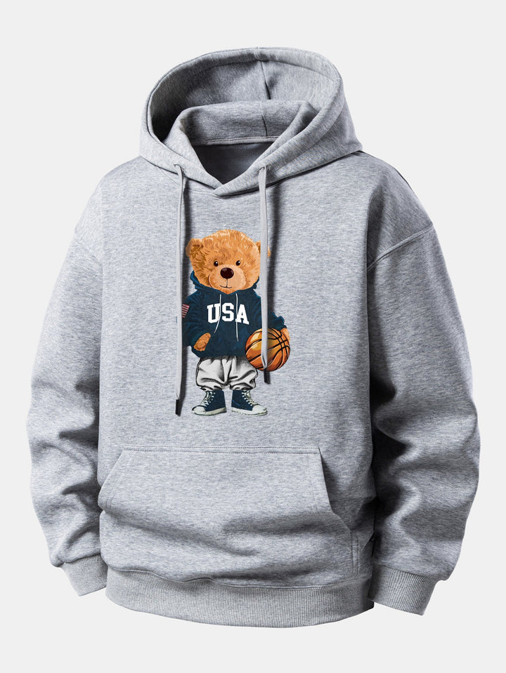Basketball Bear Print Relax Fit Drawstring Hoodie