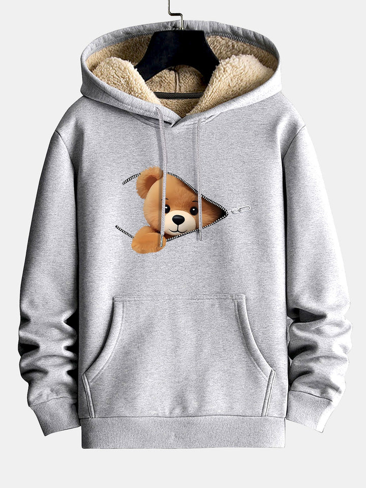 Zipper Bear Print Teddy Lined Hoodie