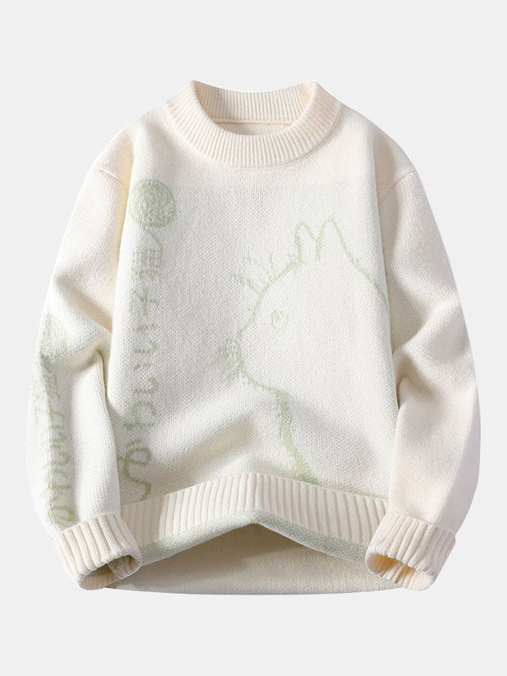 Japanese Cat Print Crew Neck Sweater