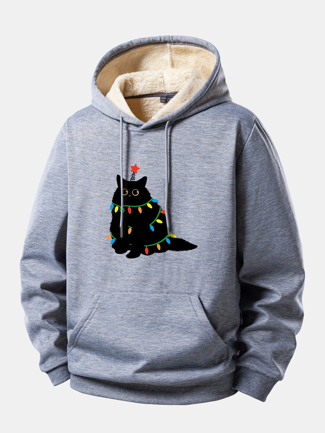 Colorful Light Black Cat Print Teddy Lined Hoodie
