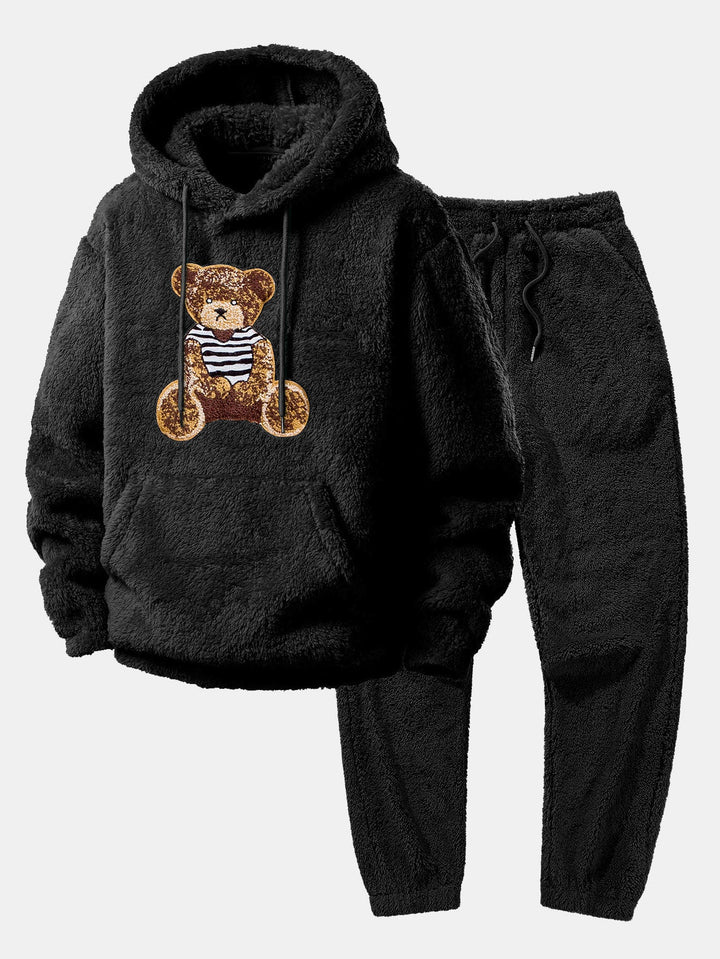 Bear Embroidered Patch Teddy Hoodie & Teddy Jogger Pants