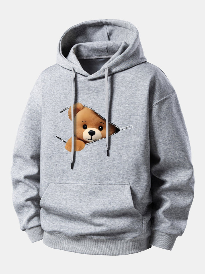 Zipper Bear Print Relax Fit Hoodie