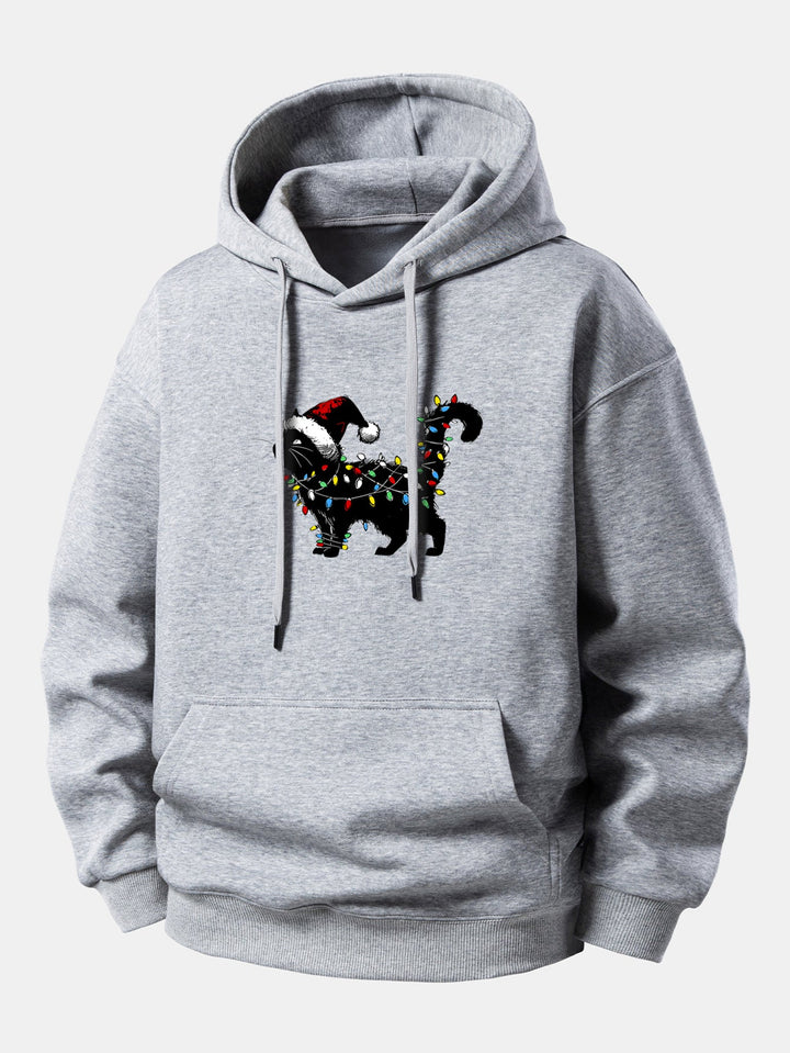 Christmas Colorful Light Black Cat Print Relax Fit Hoodie