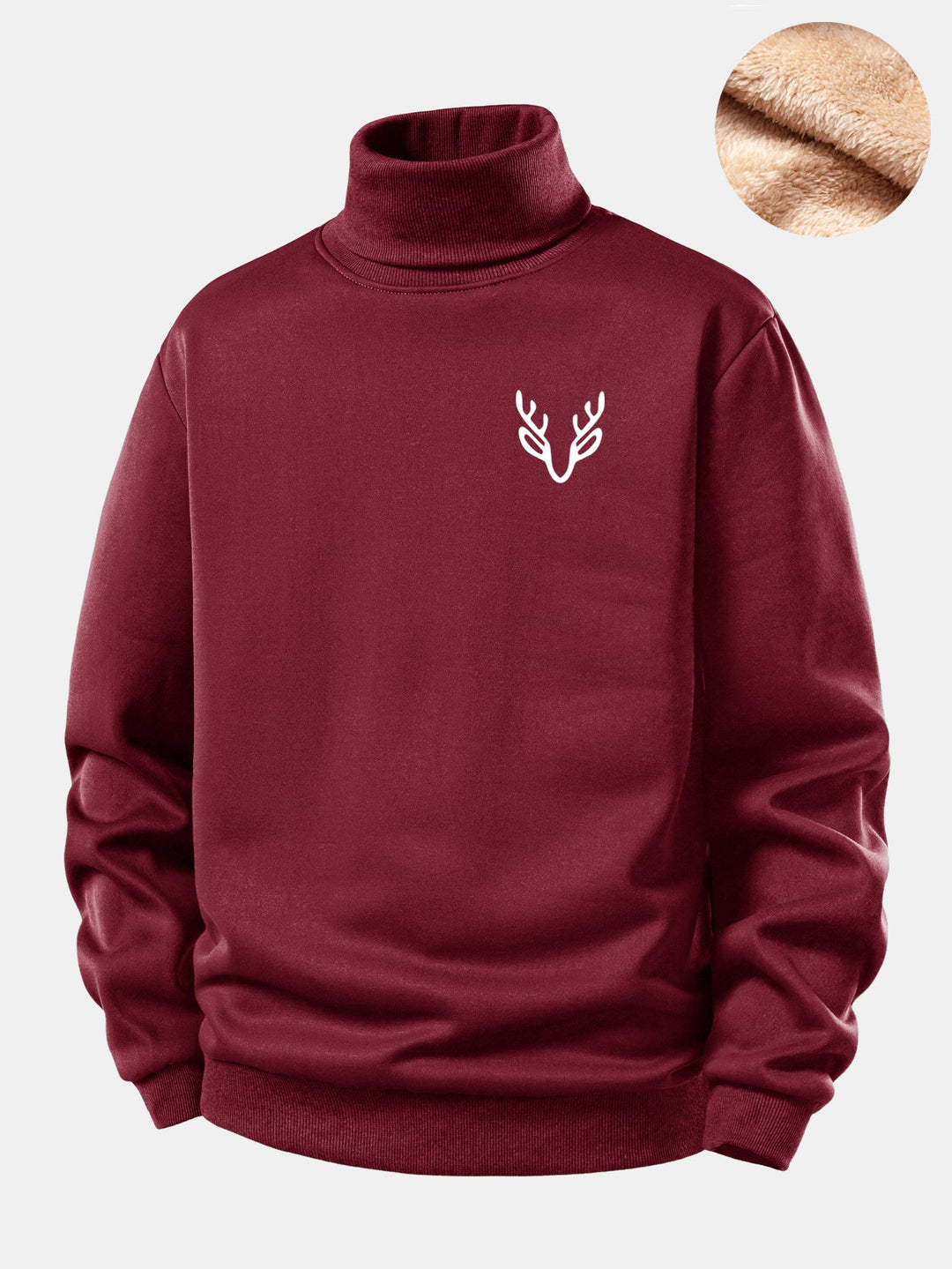Head Deer Print Teddy Fleece Lined Turtle Neck Sweatshirt
