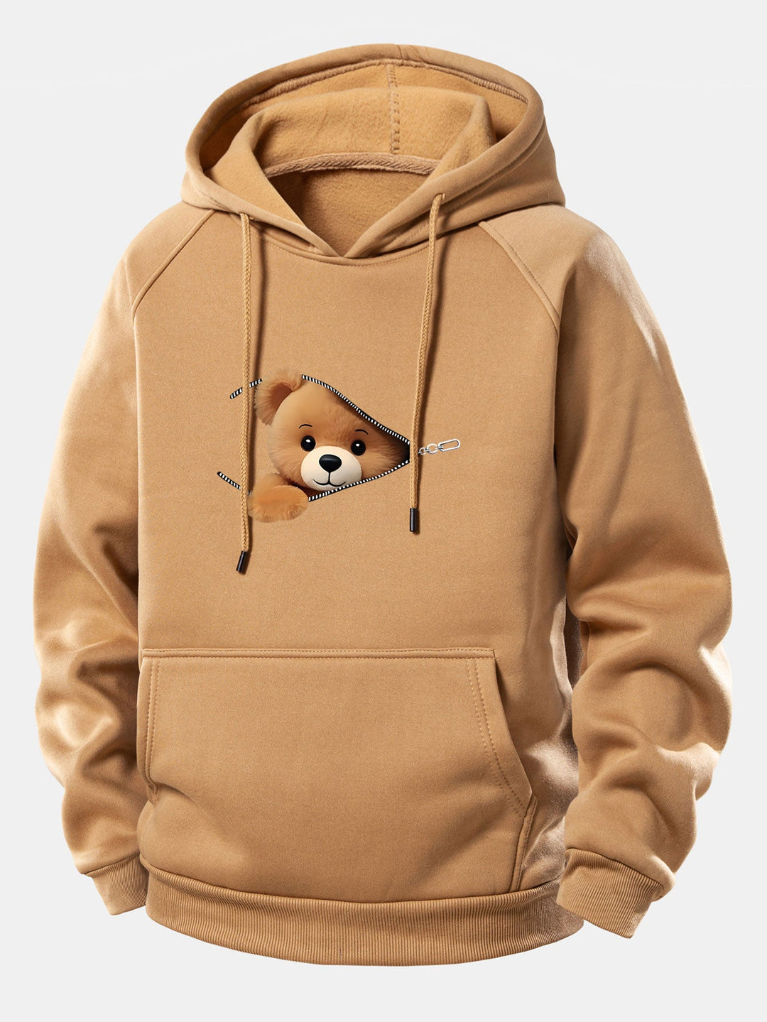 Zipper Bear Print Drawstring Hoodie