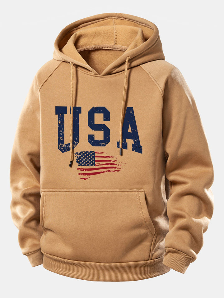 USA Flag Print Drawstring Hoodie