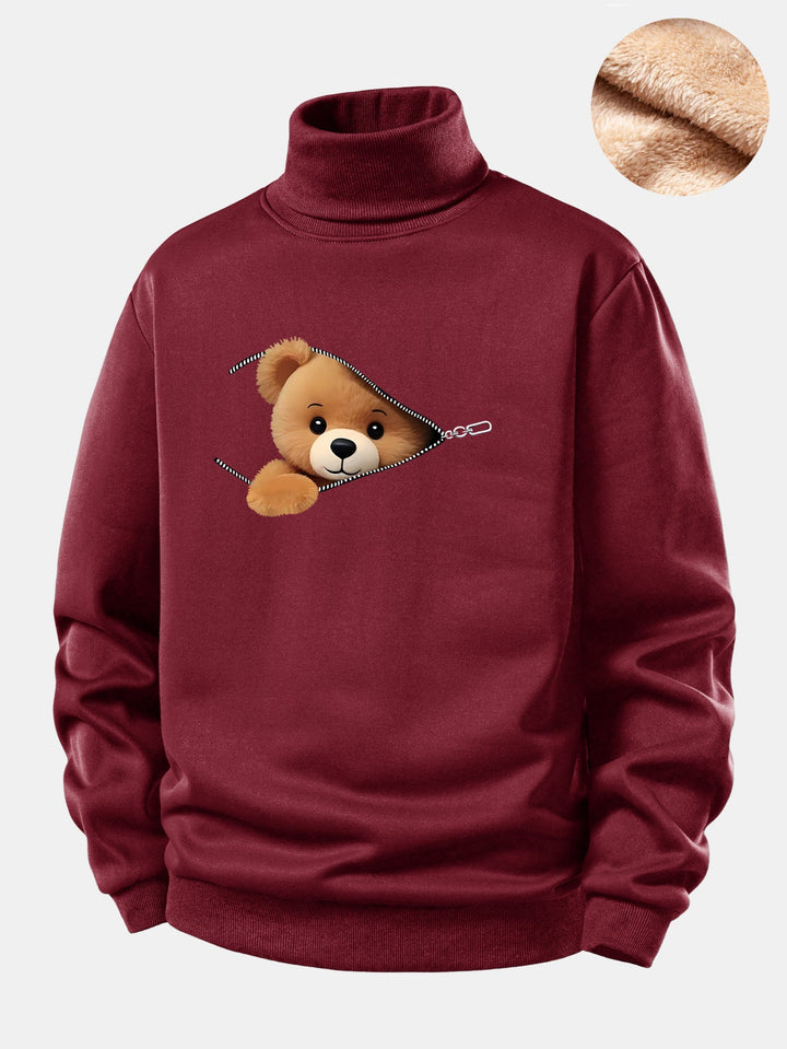 Zipper Bear Print Teddy Fleece Lined Turtle Neck Sweatshirt