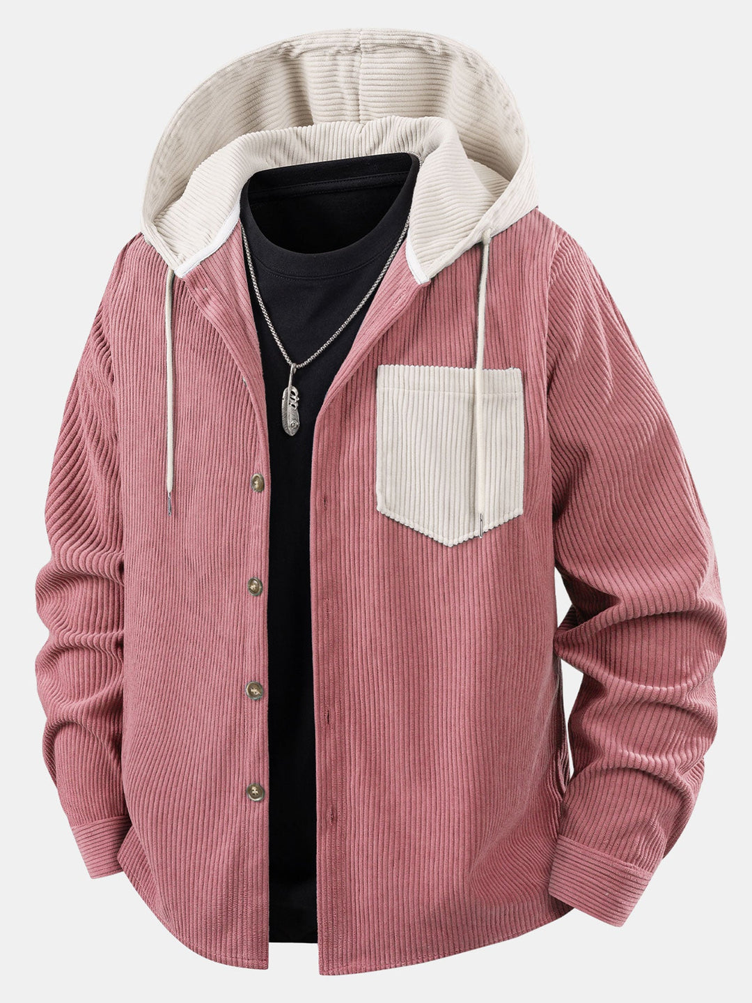 Long Sleeved Contrast Corduroy Hooded Shirt