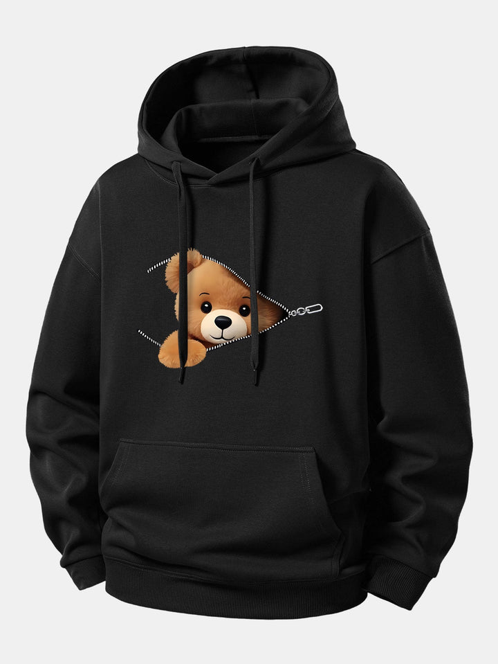 Zipper Bear Print Relax Fit Hoodie