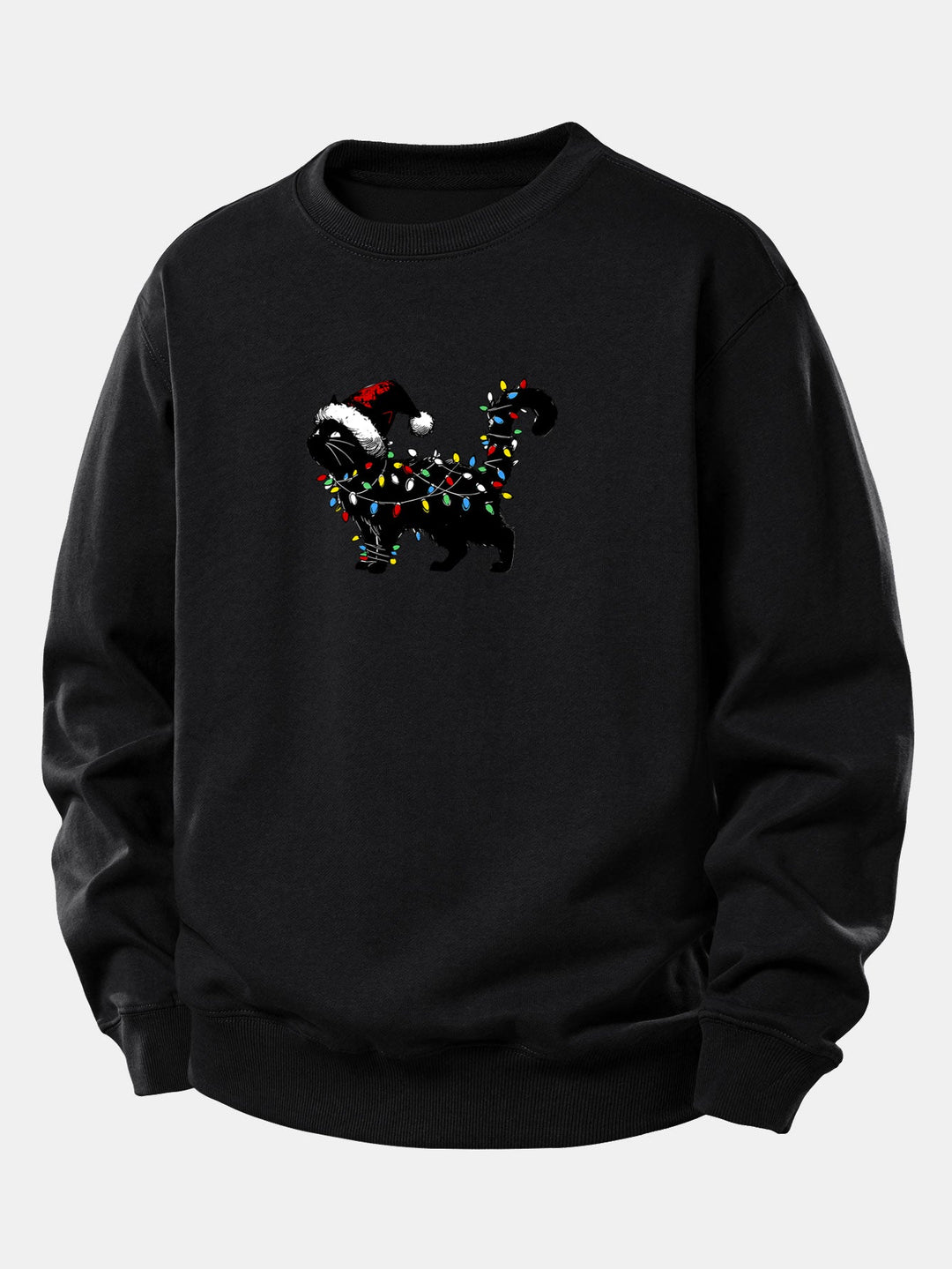 Christmas Colorful Light Black Cat Print Relax Fit Sweatshirt