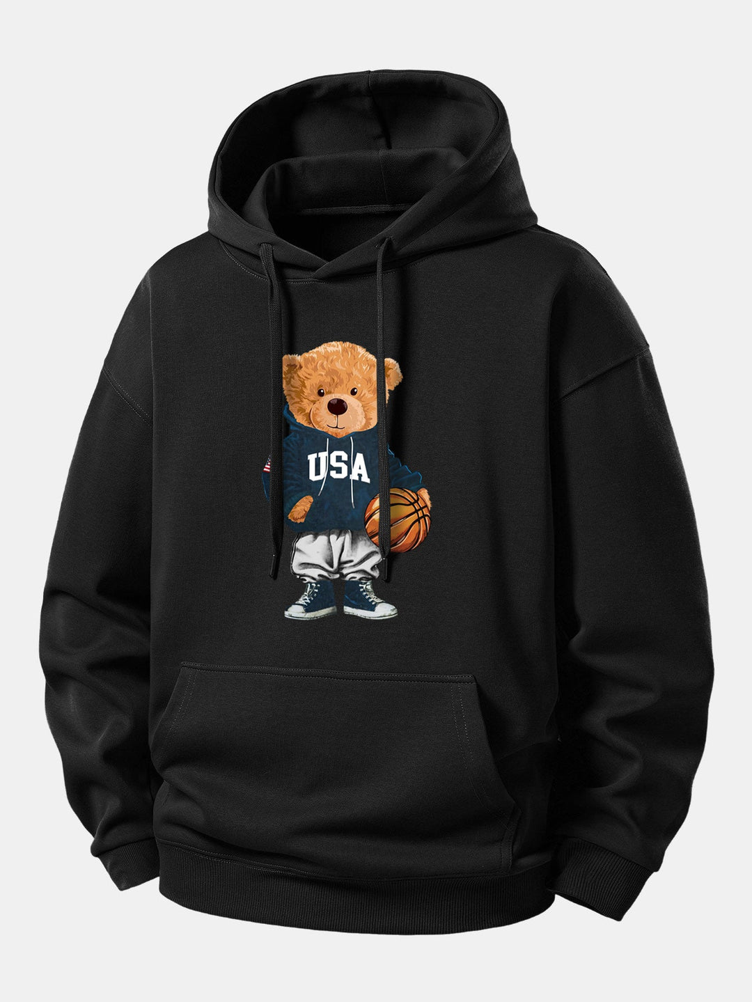 Basketball Bear Print Relax Fit Drawstring Hoodie