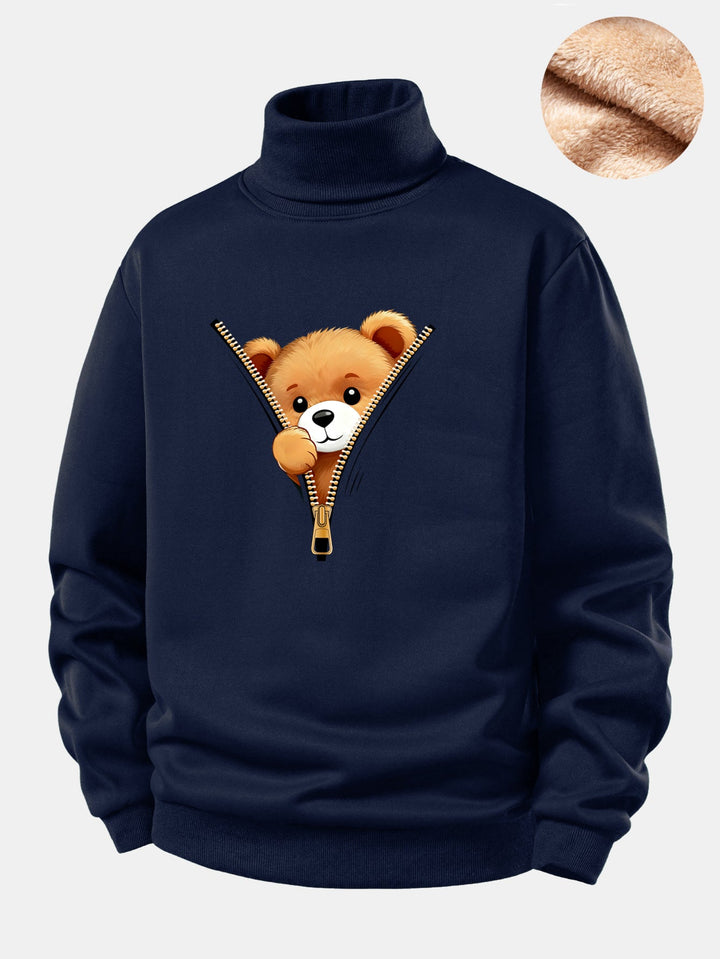 Zipper Bear Print Teddy Fleece Lined Turtle Neck Sweatshirt