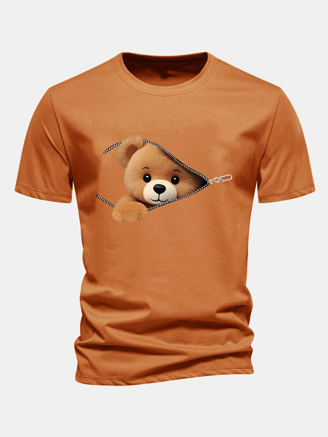 Regular Fit Zipper Bear Print Cotton T-Shirt