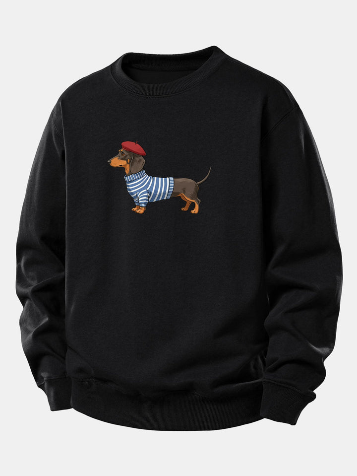 Dachshund Wearing Striped Sweater Print Relax Fit Sweatshirt