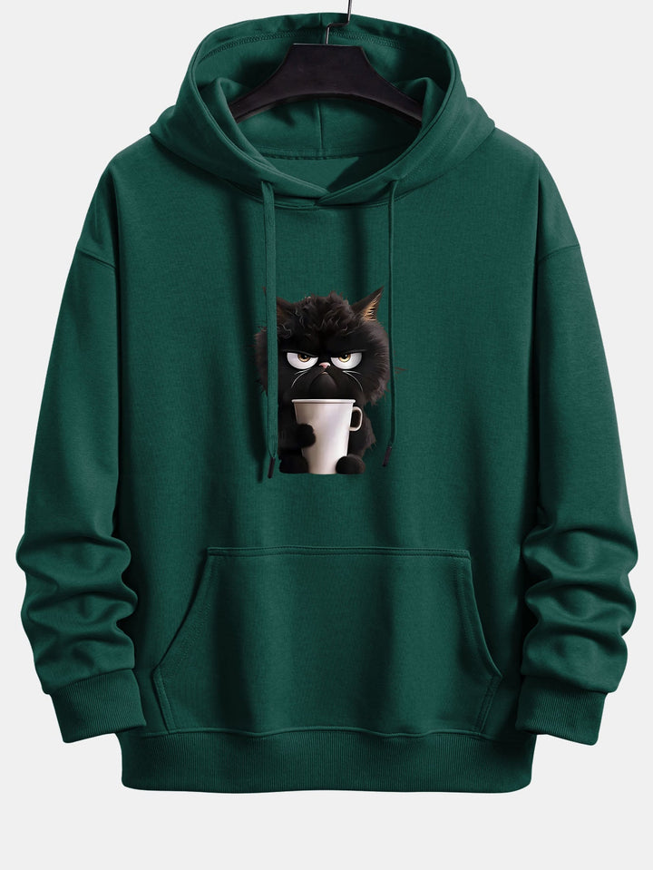 Black Cat Drinking Coffee Print Relax Fit Hoodie