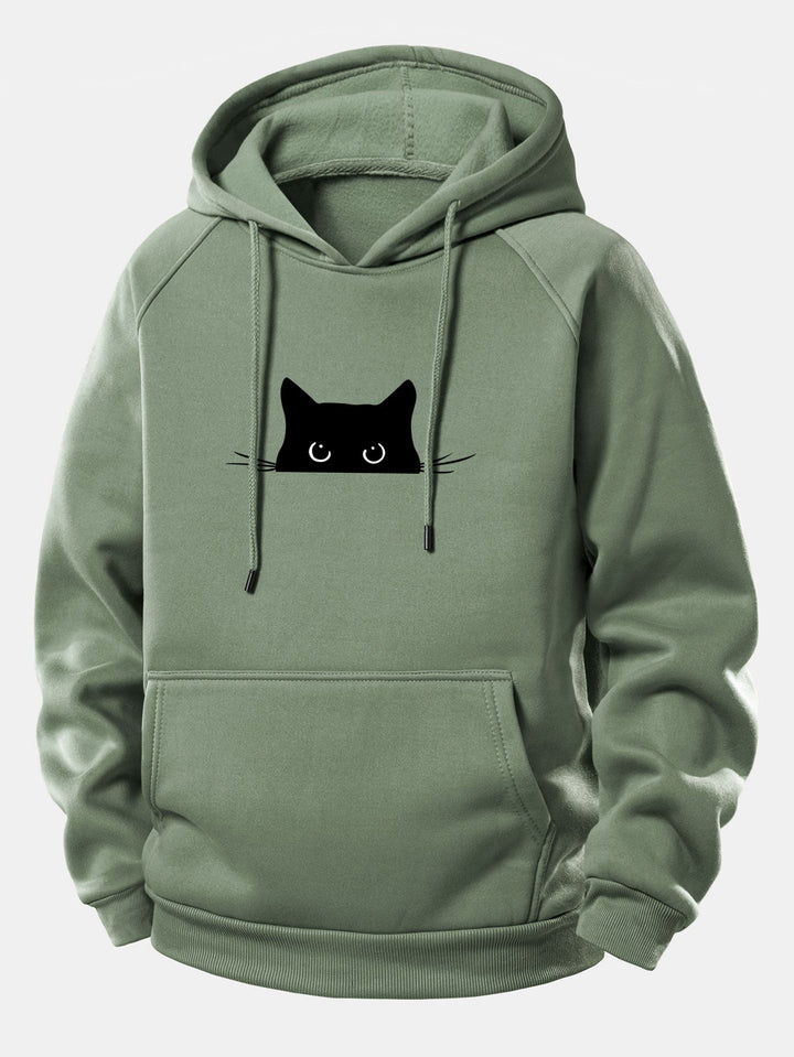 Black Cat Print Drawstring Hoodie